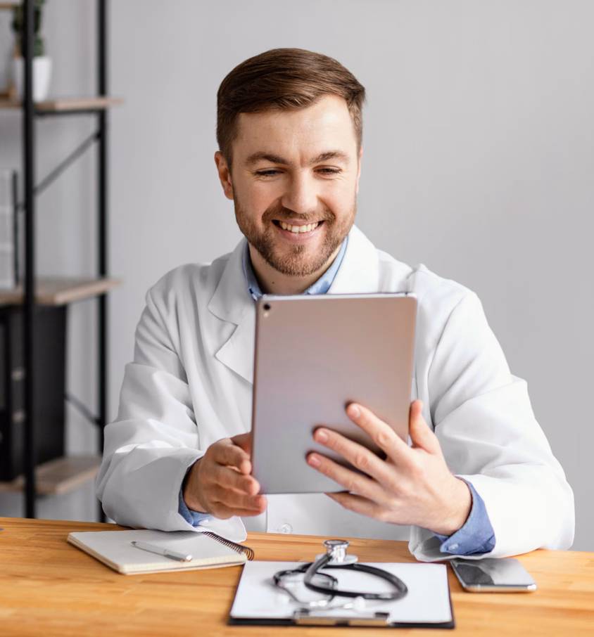 Pharmacist using a tablet for long-term care pharmacy operations Pharmacist using a tablet for long-term care pharmacy operations