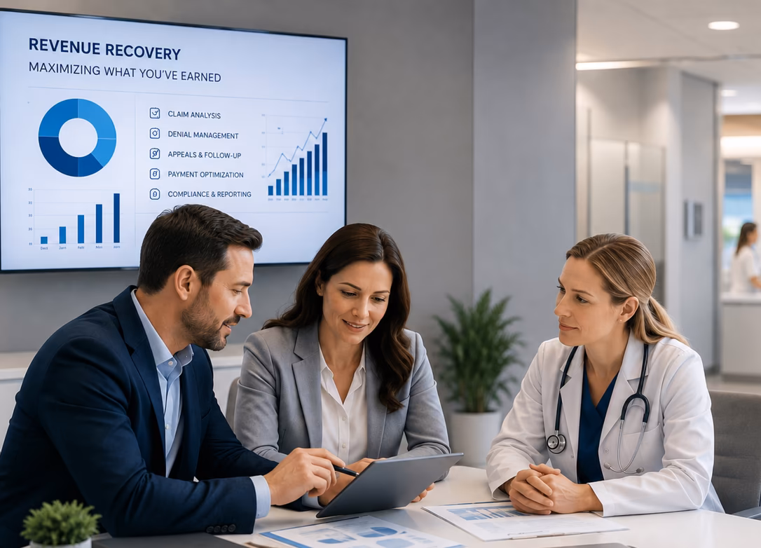 Healthcare billing specialists and a physician reviewing a revenue recovery dashboard