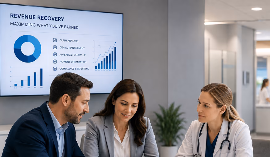 Healthcare billing specialists and a physician reviewing a revenue recovery dashboard