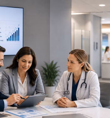 Healthcare billing specialists and a physician reviewing a revenue recovery dashboard