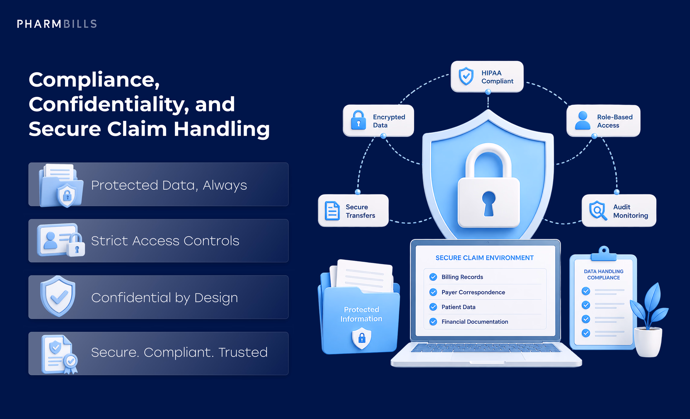 Secure healthcare claim handling with protected data, access controls, confidential workflows, and HIPAA-aware safeguards